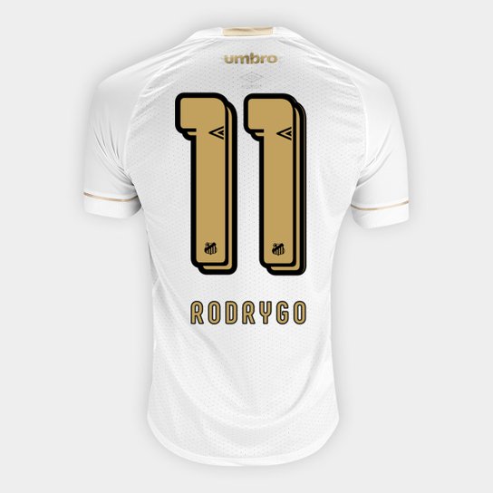 Camisa Santos I 18/19 n° 9 Rodrygo - Torcedor Umbro Masculina - Branco+dourado