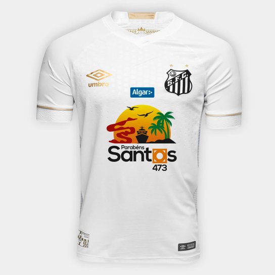 Camisa Santos I 2018 s/nº - 473 Anos Torcedor Umbro Masculina - Branco+dourado