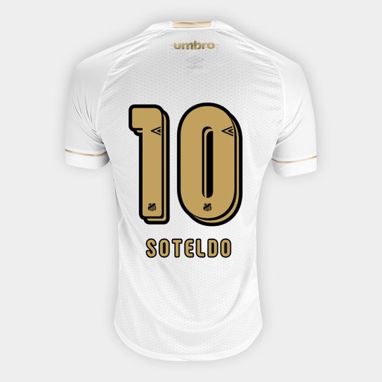 Camisa Santos I 2018 Soteldo nº 10 Torcedor Umbro Masculina - Branco+dourado