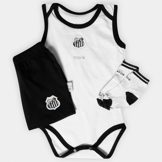 Conjunto Santos Infantil Body Regata Shorts e Meia - Preto+Branco