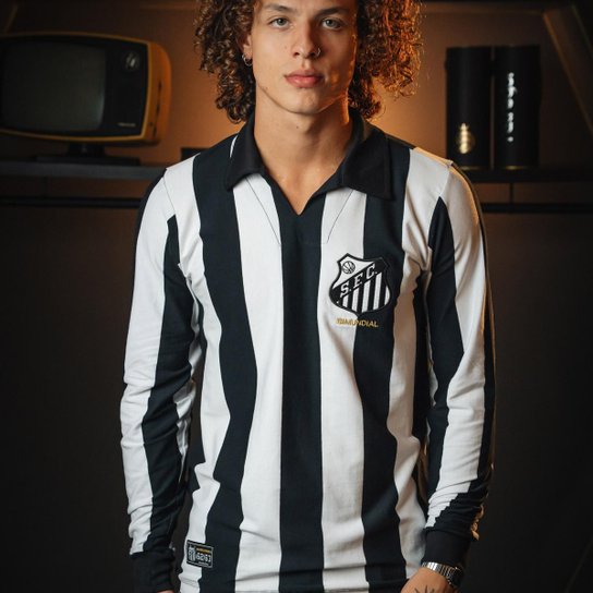 Camisa Santos Retrô 1963 Bi-Mundial Manga Longa Listrada Masculina