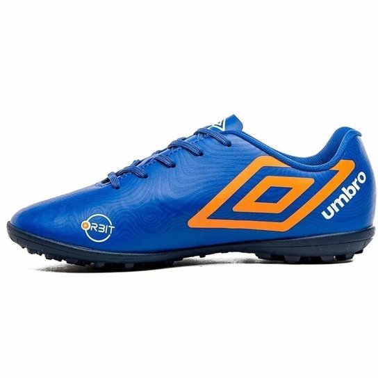 Chuteira Society Umbro Orbit 36 Infantil - Azul e Laranja