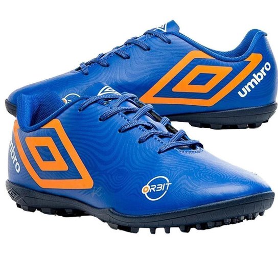 Chuteira Society Umbro Orbit Jr - Azul e Laranja
