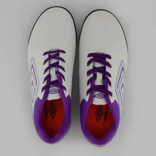 Chuteira Umbro Adamant Top Speed Society Juvenil Branca e Roxa