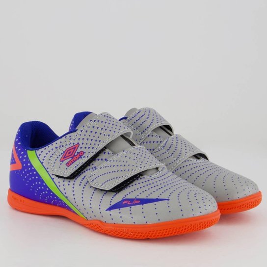 Chuteira Umbro Flip Futsal Kids Cinza e Azul