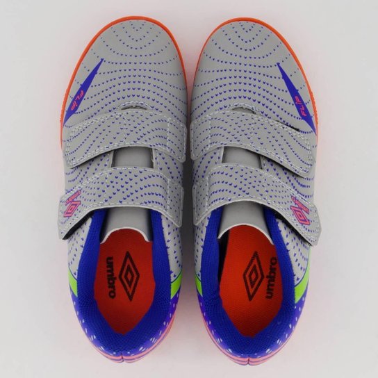 Chuteira Umbro Flip Futsal Kids Cinza e Azul