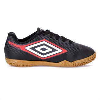 Chuteira Umbro Futsal  Cannon Jr Preto Vermelho e Branco - Infantil