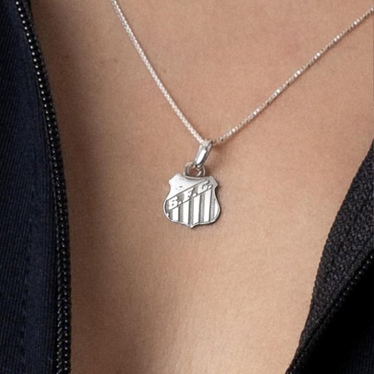 Colar Prata 925 Santos FC Escudo G Oficial com Pingente Time Futebol Licenciado Masculino Feminino