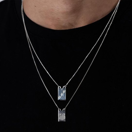 Escapulário Prata 925 Santos FC Oficial 1,5cm Pingentes Duplos Escudo Time Futebol Masculino Unissex