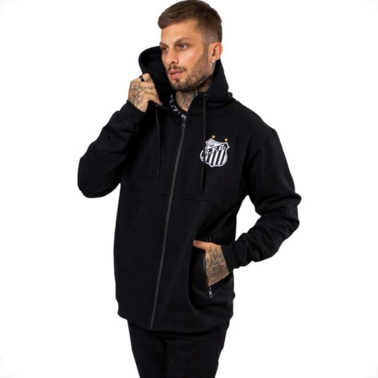 Moletom Santos Canguru Ziper Escudo Bordado com Capuz