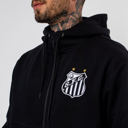 Moletom Santos Canguru Ziper Escudo Bordado com Capuz