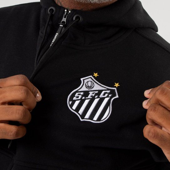 Moletom Santos Canguru Ziper Escudo Bordado com Capuz