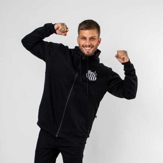 Moletom Santos Canguru Ziper Escudo Bordado com Capuz