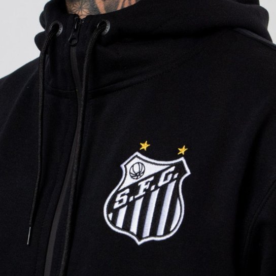 Moletom Santos Canguru Ziper Escudo Bordado com Capuz